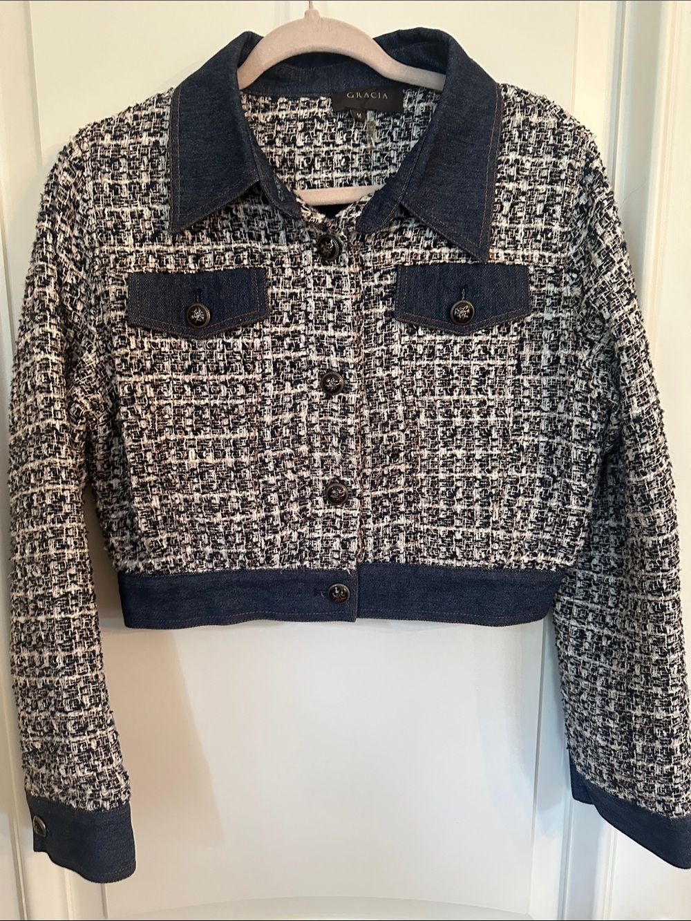 Gracia Black and White Tweed Cropped Jacket with Navy Trim
